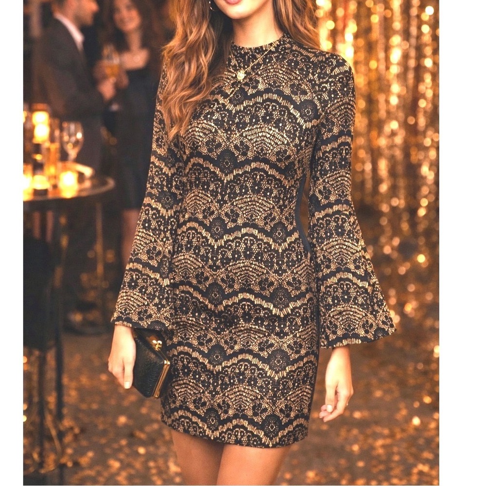 Alex Marie Metallic Dress 4 Black Gold Bell Sleeve Mini Cocktail Party NWT $139
